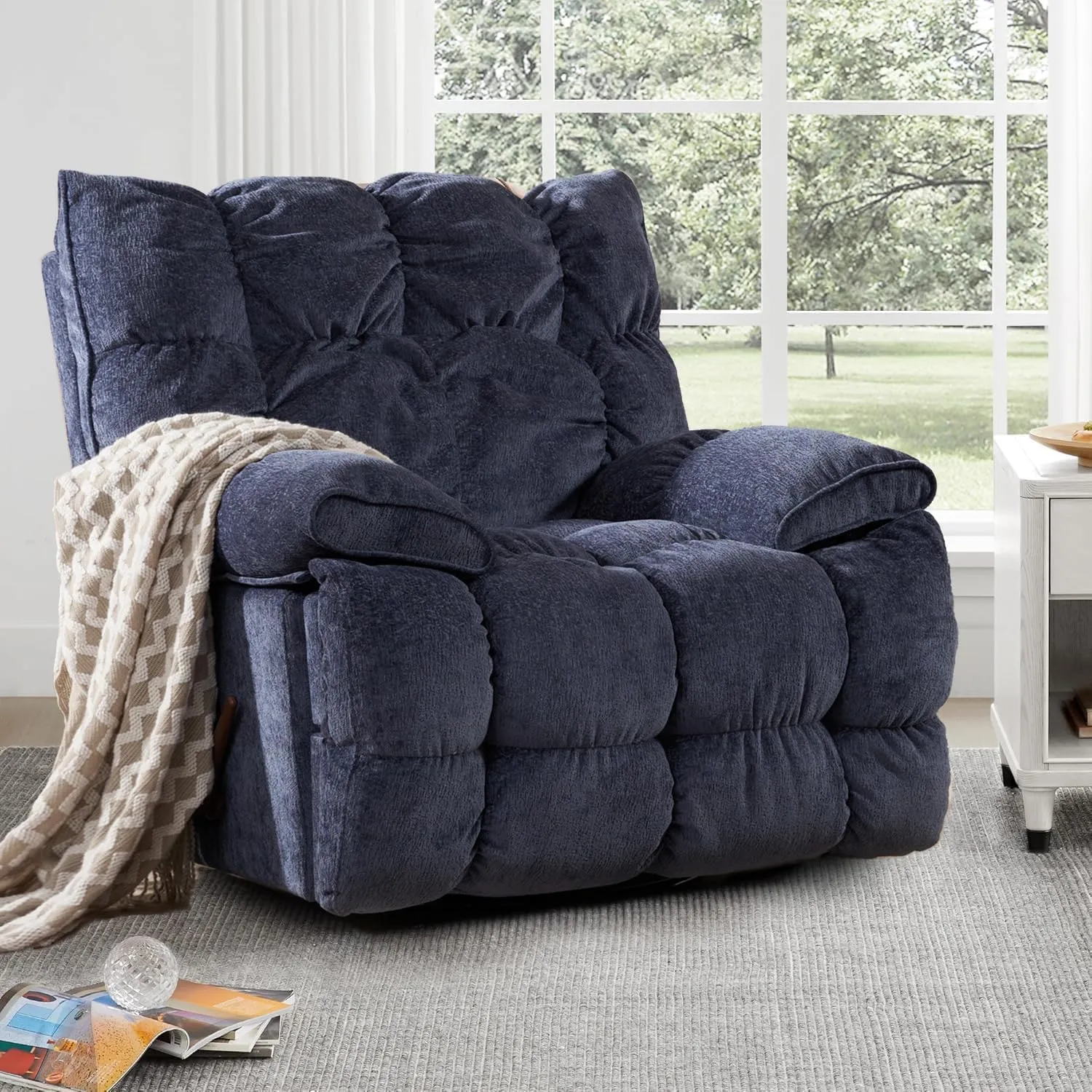 Oversized Rocker Recliner Chair, Manual Overstuffed Extra Wide Rocking Recliners Soft with Breathable Soft Fabric, Swivel Rocker Recliner for Living,Soft Padded Headrest and Armrest (Manual, Blue)