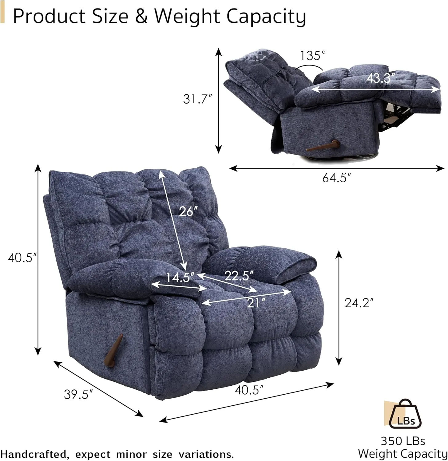Oversized Rocker Recliner Chair, Manual Overstuffed Extra Wide Rocking Recliners Soft with Breathable Soft Fabric, Swivel Rocker Recliner for Living,Soft Padded Headrest and Armrest (Manual, Blue)