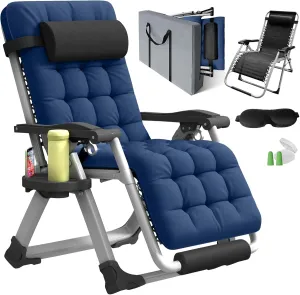 Oversized Zero Gravity Chair, XL Lounge Chair 29” Width, Padded Reclining Camping Chair W/Removable Cushion & Adj Headrest, Storage Bag, Footrest Cushion, Cup Holder, for Indoor Outdoor, Blue