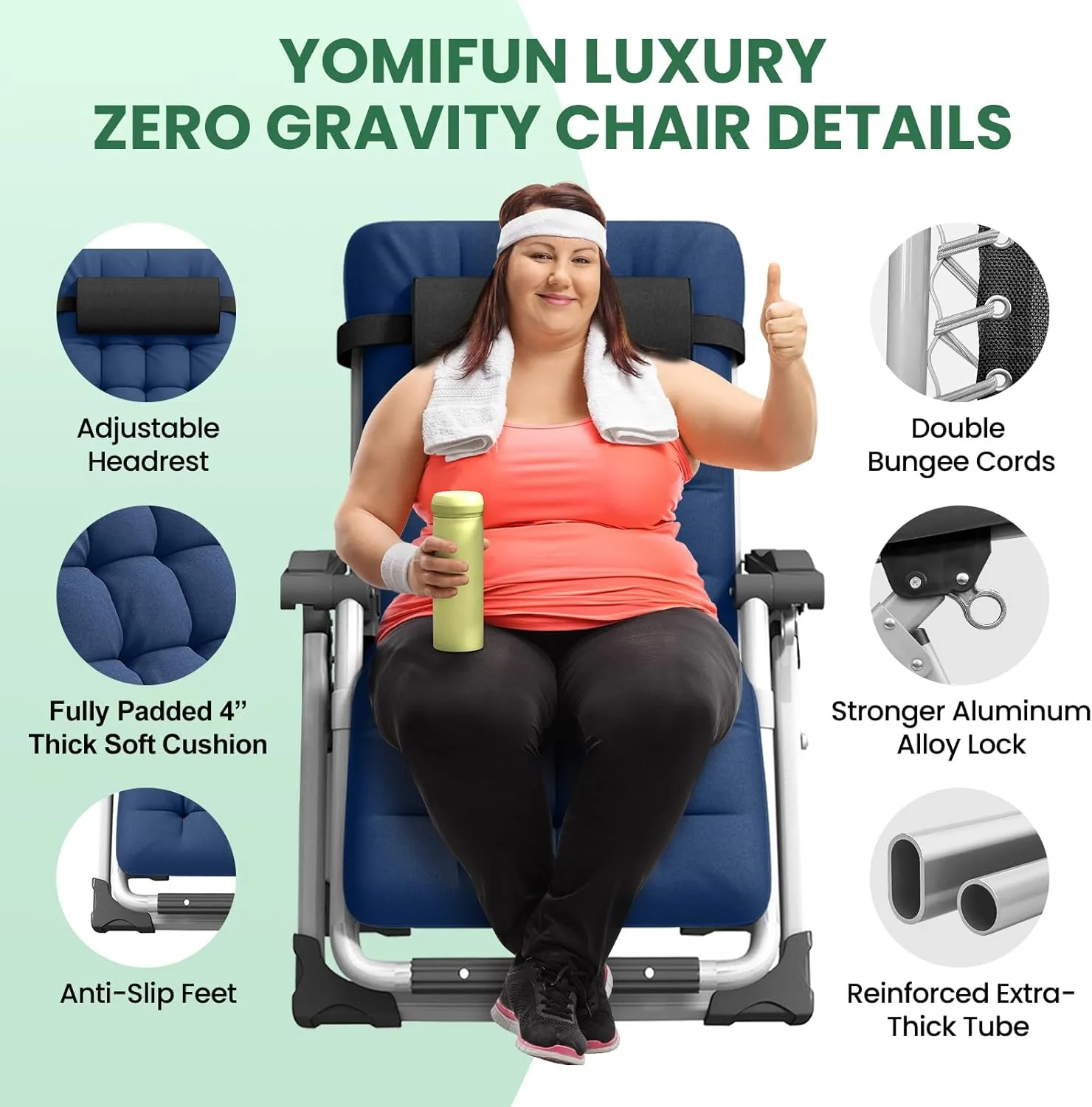 Oversized Zero Gravity Chair, XL Lounge Chair 29” Width, Padded Reclining Camping Chair W/Removable Cushion & Adj Headrest, Storage Bag, Footrest Cushion, Cup Holder, for Indoor Outdoor, Blue