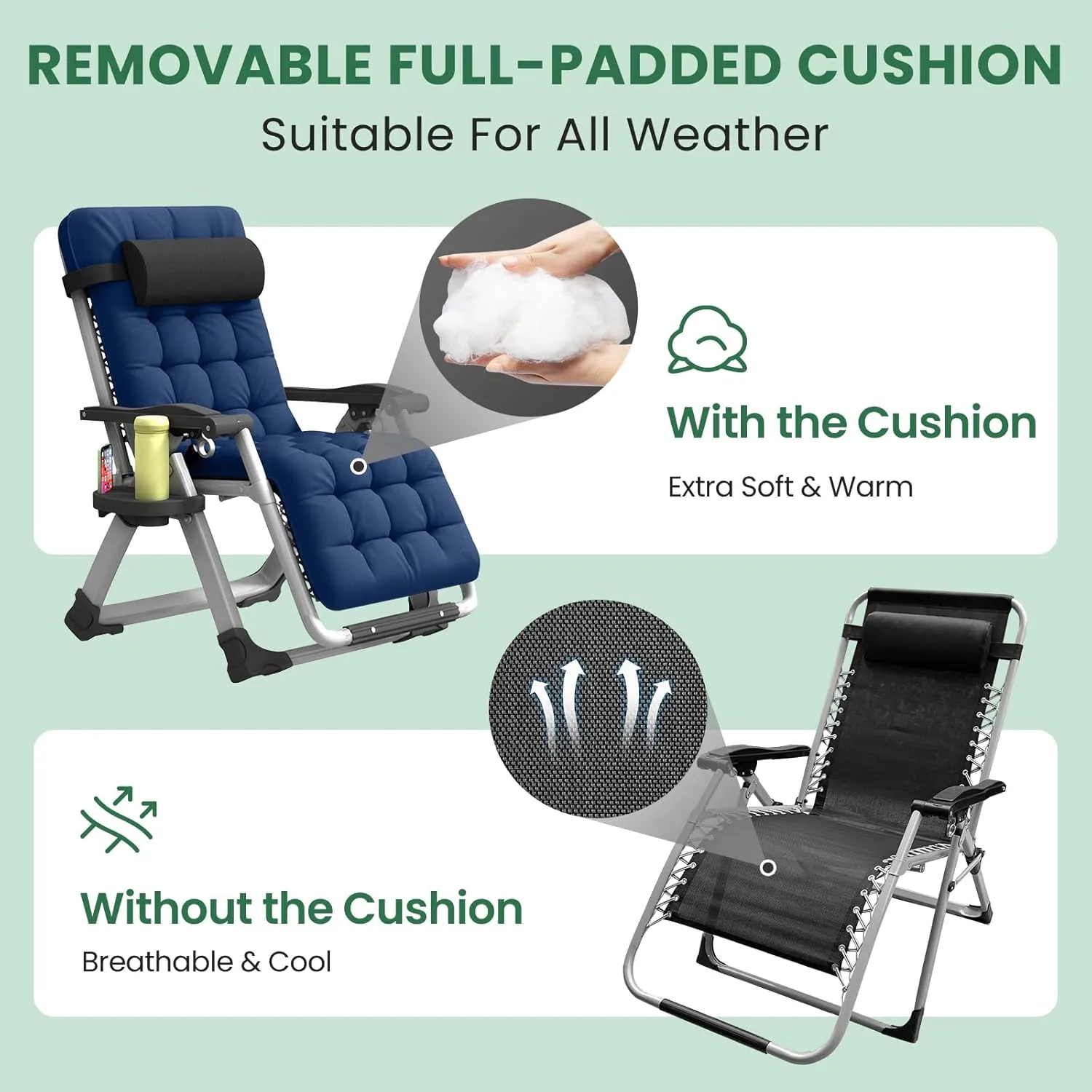 Oversized Zero Gravity Chair, XL Lounge Chair 29” Width, Padded Reclining Camping Chair W/Removable Cushion & Adj Headrest, Storage Bag, Footrest Cushion, Cup Holder, for Indoor Outdoor, Blue
