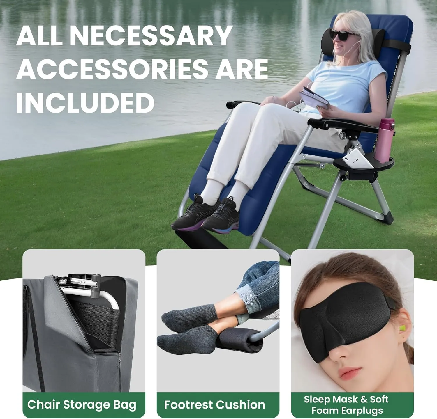 Oversized Zero Gravity Chair, XL Lounge Chair 29” Width, Padded Reclining Camping Chair W/Removable Cushion & Adj Headrest, Storage Bag, Footrest Cushion, Cup Holder, for Indoor Outdoor, Blue