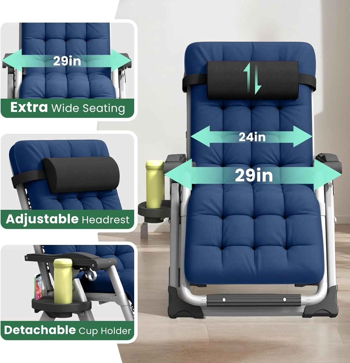 Oversized Zero Gravity Chair, XL Lounge Chair 29” Width, Padded Reclining Camping Chair W/Removable Cushion & Adj Headrest, Storage Bag, Footrest Cushion, Cup Holder, for Indoor Outdoor, Blue