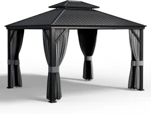 PAMAPIC 10'x12' Hardtop Gazebo Aluminum, Double Roof Canopy with Netting and Curtains,2-Tier Hardtop Gazebo with Galvanized Iron Aluminum Frame, GardenTent for Backyard, Parties, Garden, Black
