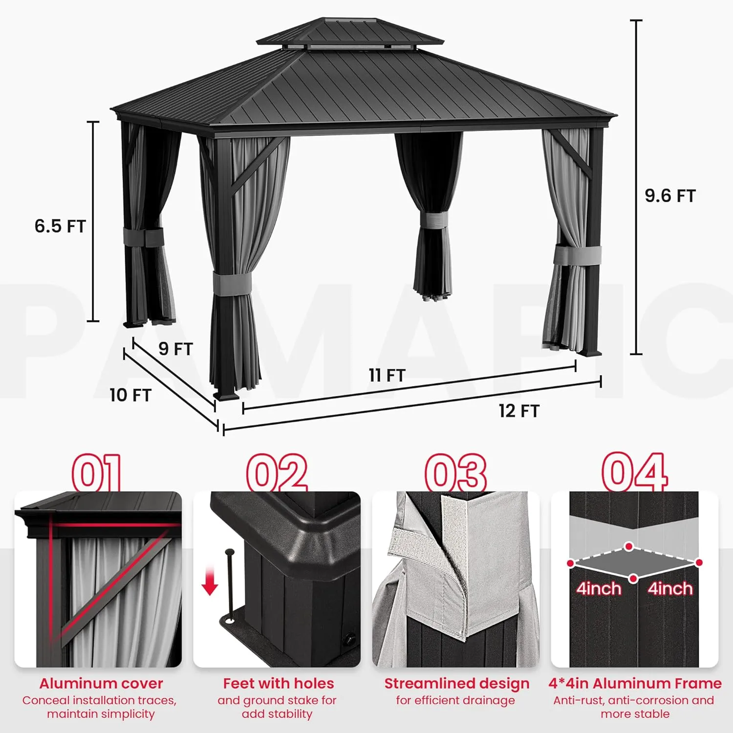 PAMAPIC 10'x12' Hardtop Gazebo Aluminum, Double Roof Canopy with Netting and Curtains,2-Tier Hardtop Gazebo with Galvanized Iron Aluminum Frame, GardenTent for Backyard, Parties, Garden, Black