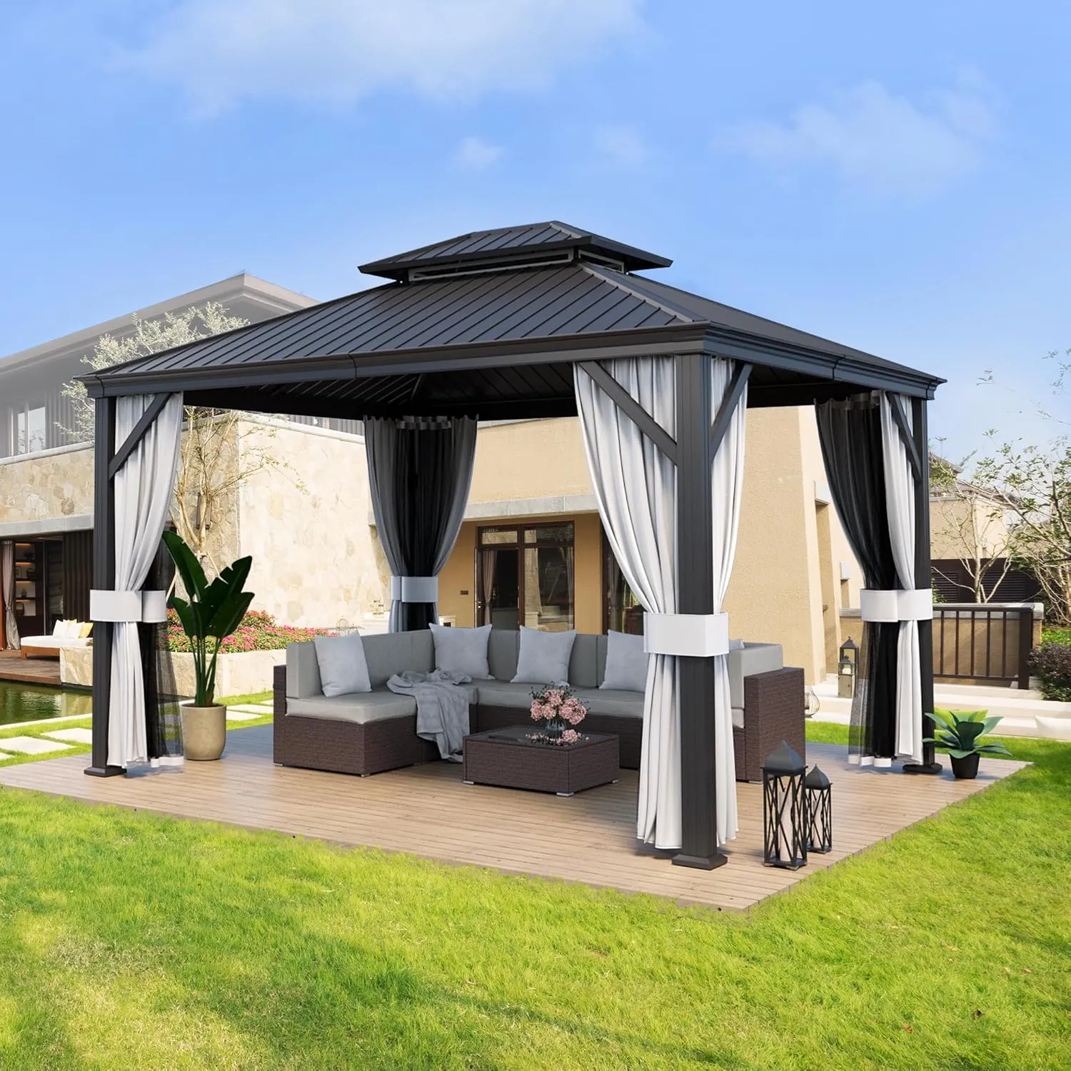 PAMAPIC 10'x12' Hardtop Gazebo Aluminum, Double Roof Canopy with Netting and Curtains,2-Tier Hardtop Gazebo with Galvanized Iron Aluminum Frame, GardenTent for Backyard, Parties, Garden, Black