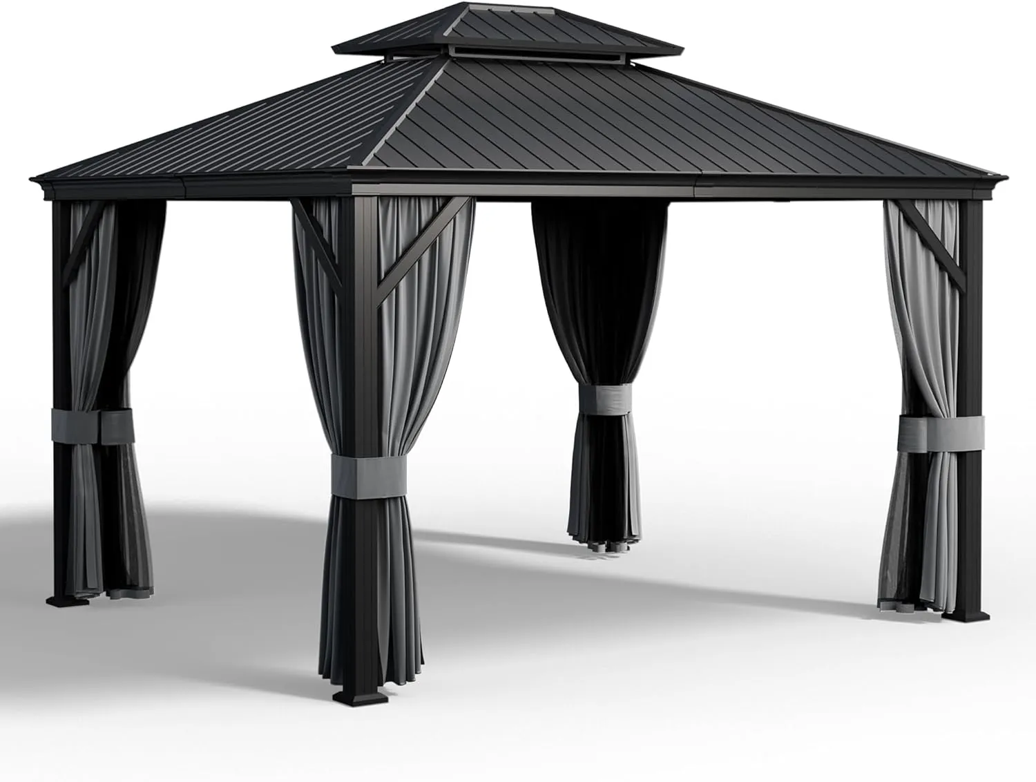 PAMAPIC 10'x12' Hardtop Gazebo Aluminum, Double Roof Canopy with Netting and Curtains,2-Tier Hardtop Gazebo with Galvanized Iron Aluminum Frame, GardenTent for Backyard, Parties, Garden, Black