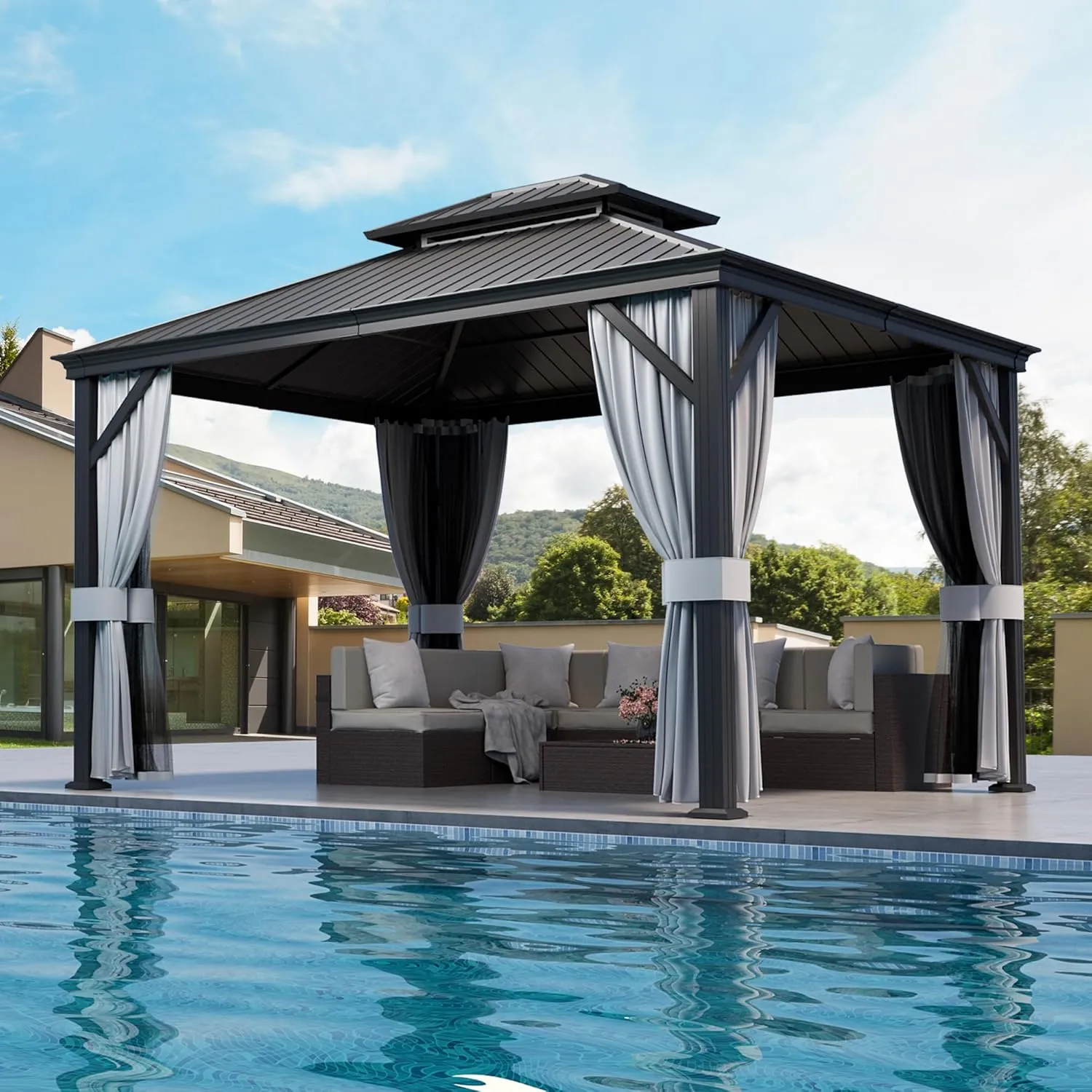 PAMAPIC 10'x12' Hardtop Gazebo Aluminum, Double Roof Canopy with Netting and Curtains,2-Tier Hardtop Gazebo with Galvanized Iron Aluminum Frame, GardenTent for Backyard, Parties, Garden, Black