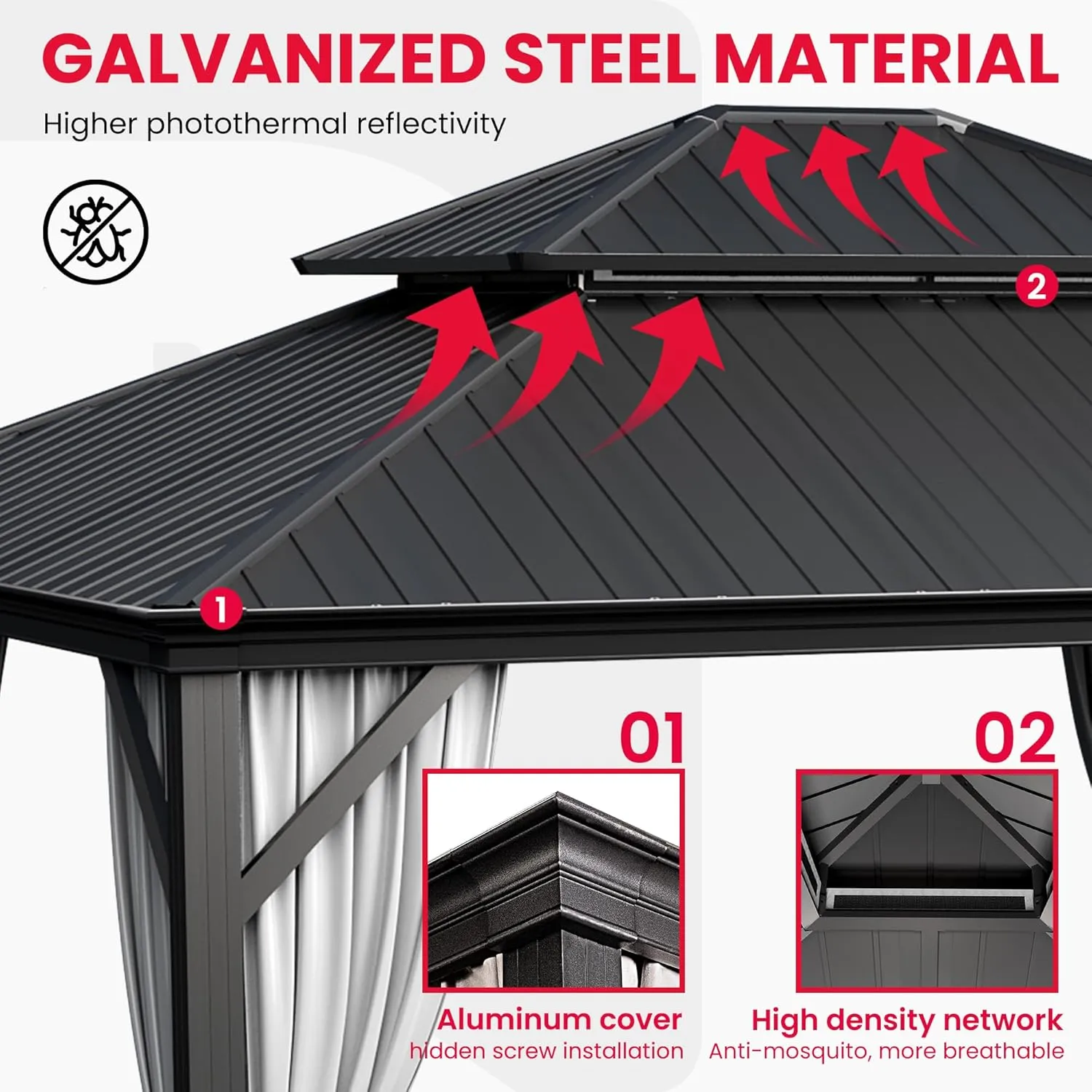 PAMAPIC 10'x12' Hardtop Gazebo Aluminum, Double Roof Canopy with Netting and Curtains,2-Tier Hardtop Gazebo with Galvanized Iron Aluminum Frame, GardenTent for Backyard, Parties, Garden, Black
