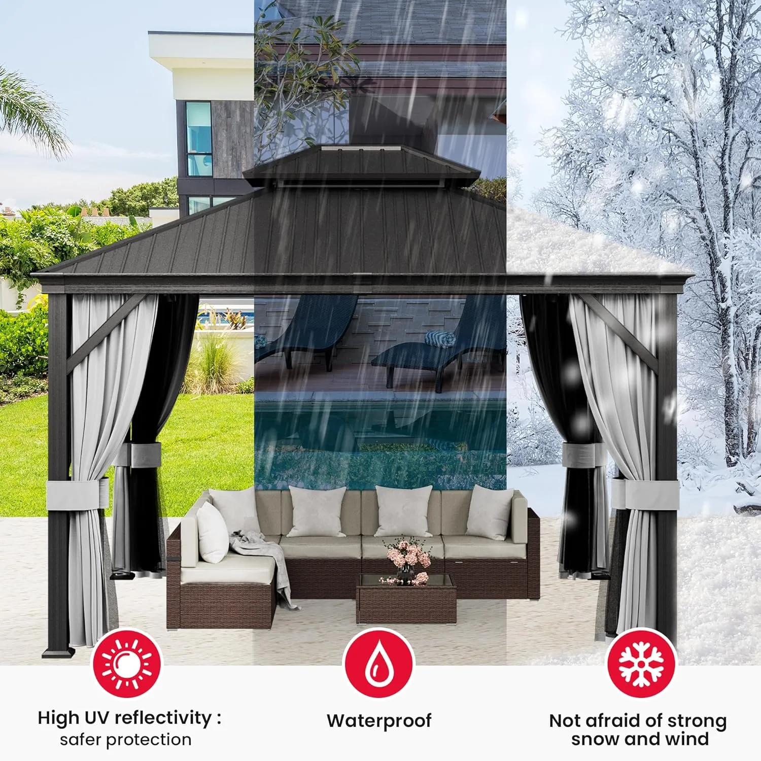 PAMAPIC 10'x12' Hardtop Gazebo Aluminum, Double Roof Canopy with Netting and Curtains,2-Tier Hardtop Gazebo with Galvanized Iron Aluminum Frame, GardenTent for Backyard, Parties, Garden, Black