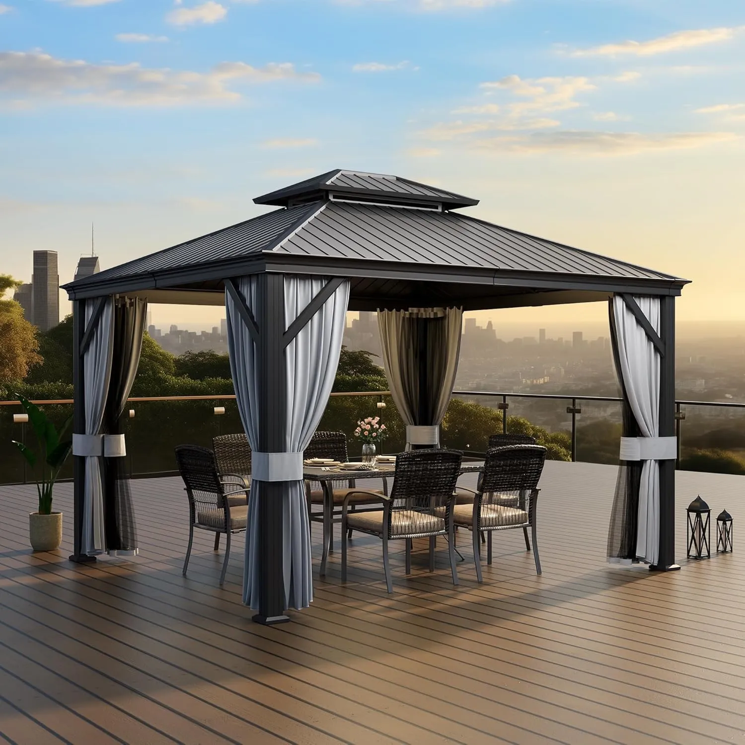 PAMAPIC 10'x12' Hardtop Gazebo Aluminum, Double Roof Canopy with Netting and Curtains,2-Tier Hardtop Gazebo with Galvanized Iron Aluminum Frame, GardenTent for Backyard, Parties, Garden, Black