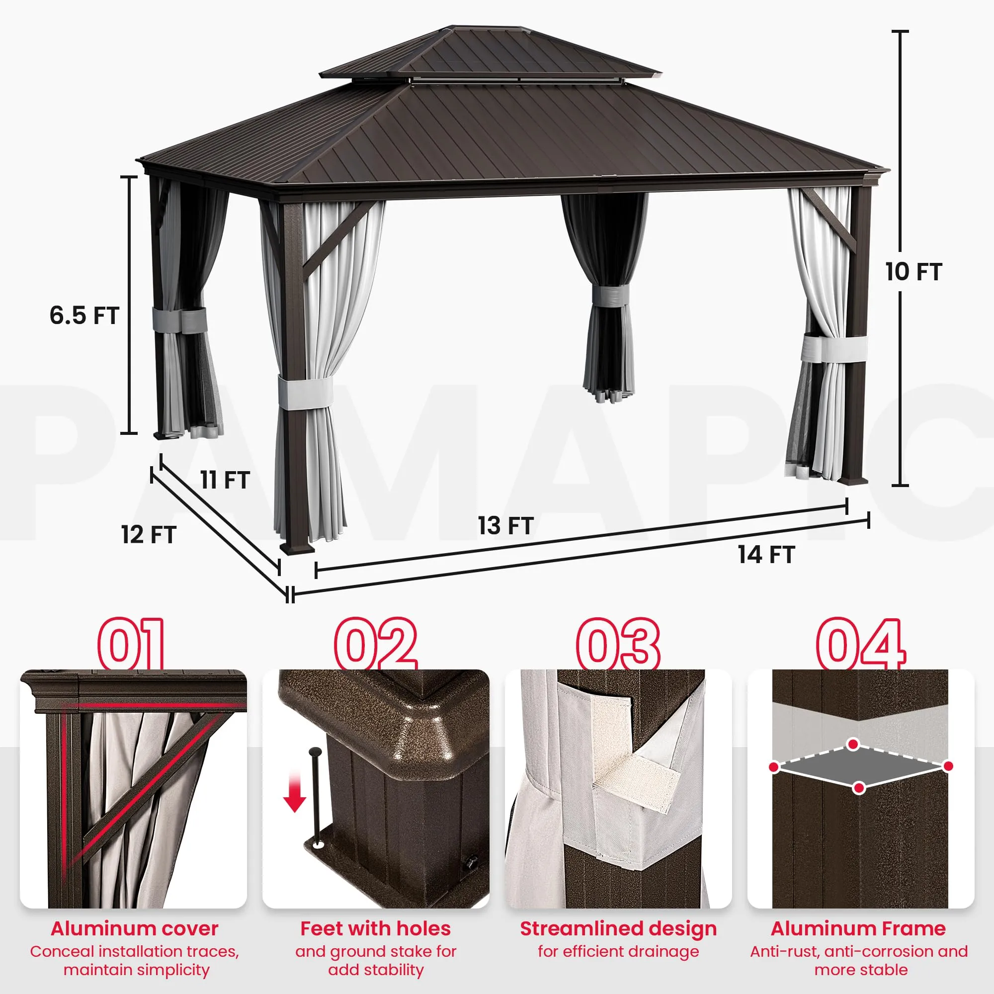 PAMAPIC 12'x14' Hardtop Gazebo, Double Roof Canopy with Netting and Curtains,2-Tier Hardtop Gazebo with Galvanized Iron Aluminum Frame, GardenTent for Backyard, Parties, Garden, Brown