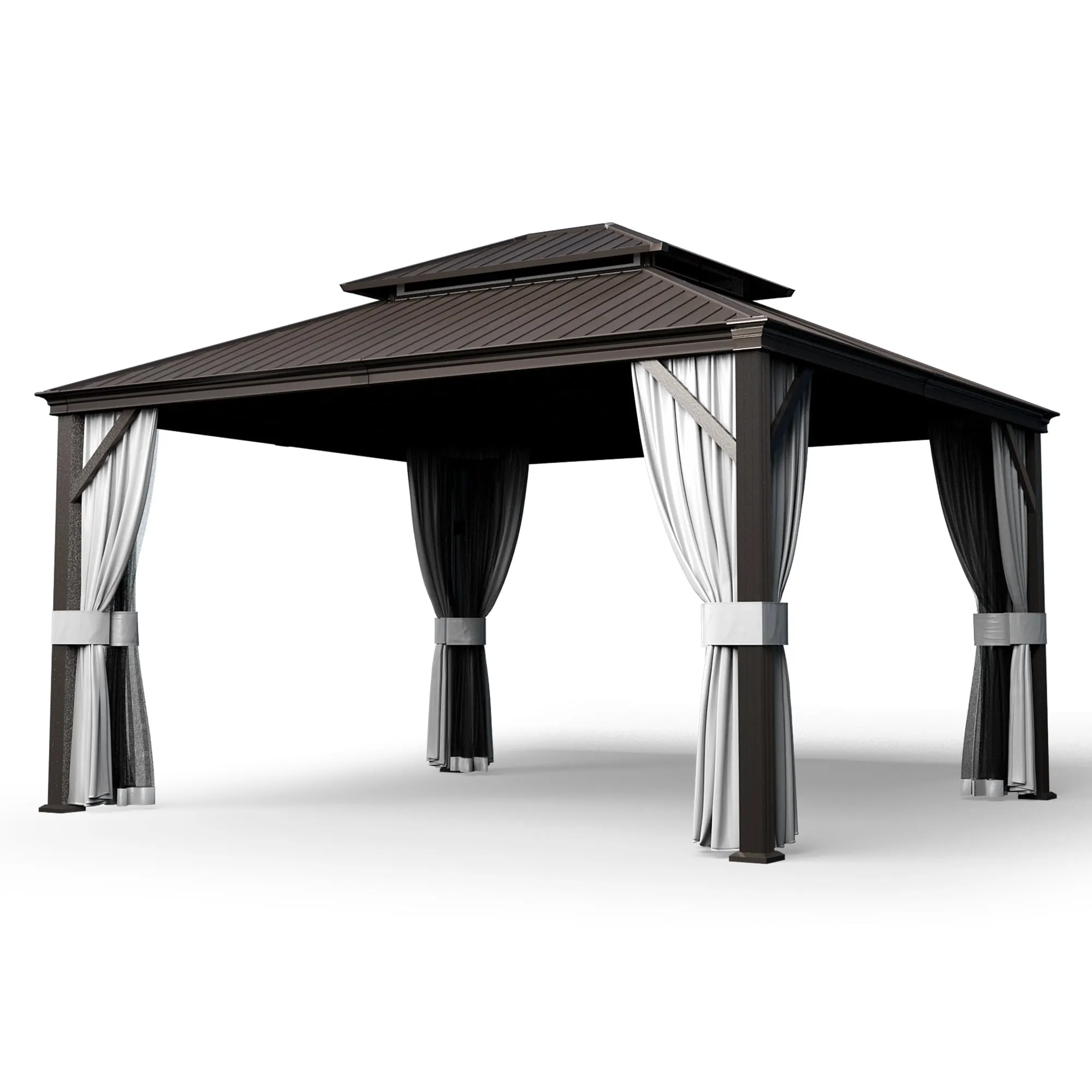PAMAPIC 12'x14' Hardtop Gazebo, Double Roof Canopy with Netting and Curtains,2-Tier Hardtop Gazebo with Galvanized Iron Aluminum Frame, GardenTent for Backyard, Parties, Garden, Brown