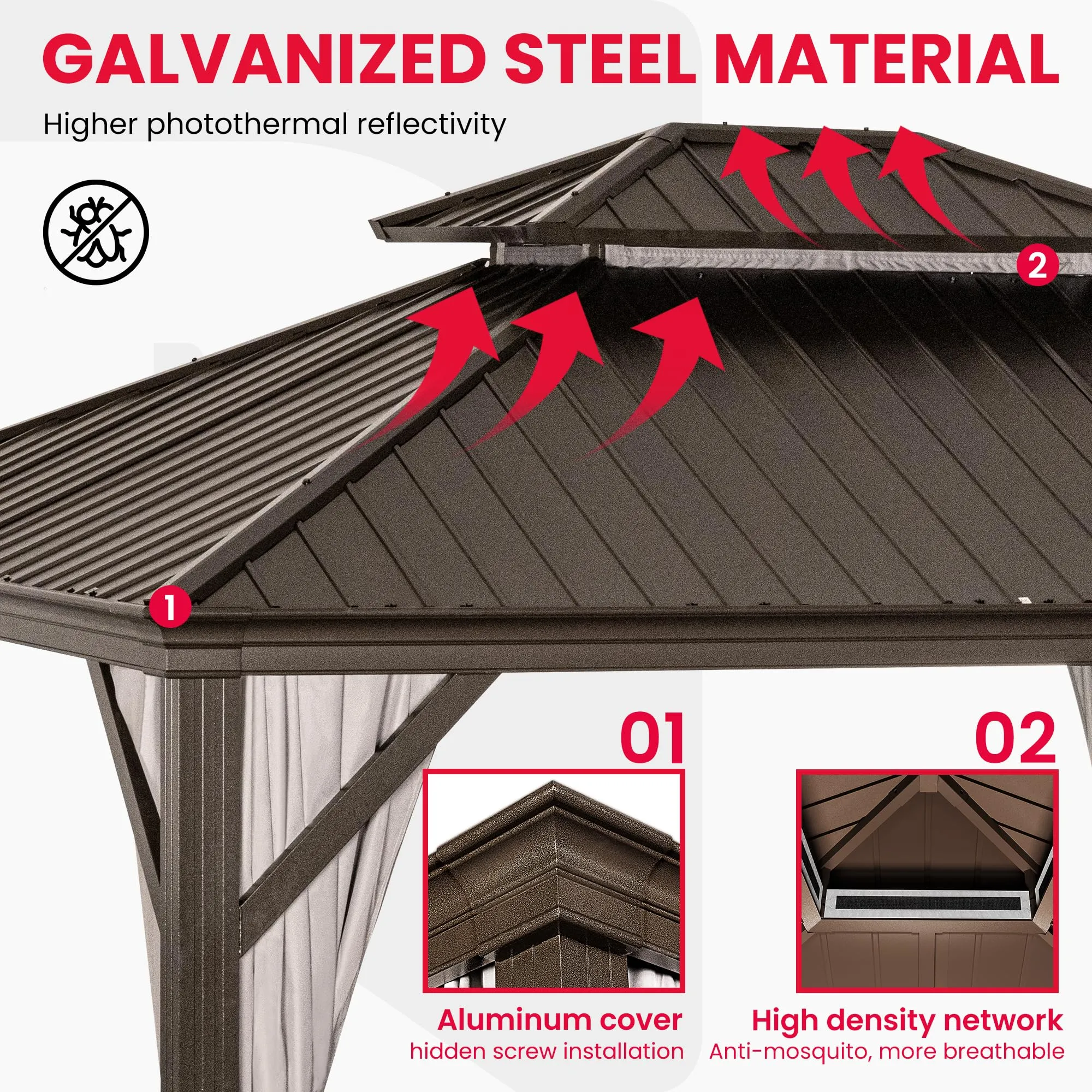 PAMAPIC 12'x14' Hardtop Gazebo, Double Roof Canopy with Netting and Curtains,2-Tier Hardtop Gazebo with Galvanized Iron Aluminum Frame, GardenTent for Backyard, Parties, Garden, Brown