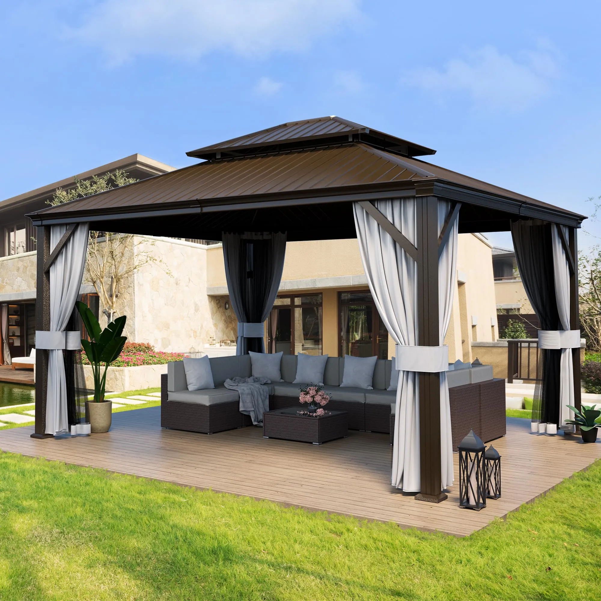 PAMAPIC 12'x14' Hardtop Gazebo, Double Roof Canopy with Netting and Curtains,2-Tier Hardtop Gazebo with Galvanized Iron Aluminum Frame, GardenTent for Backyard, Parties, Garden, Brown