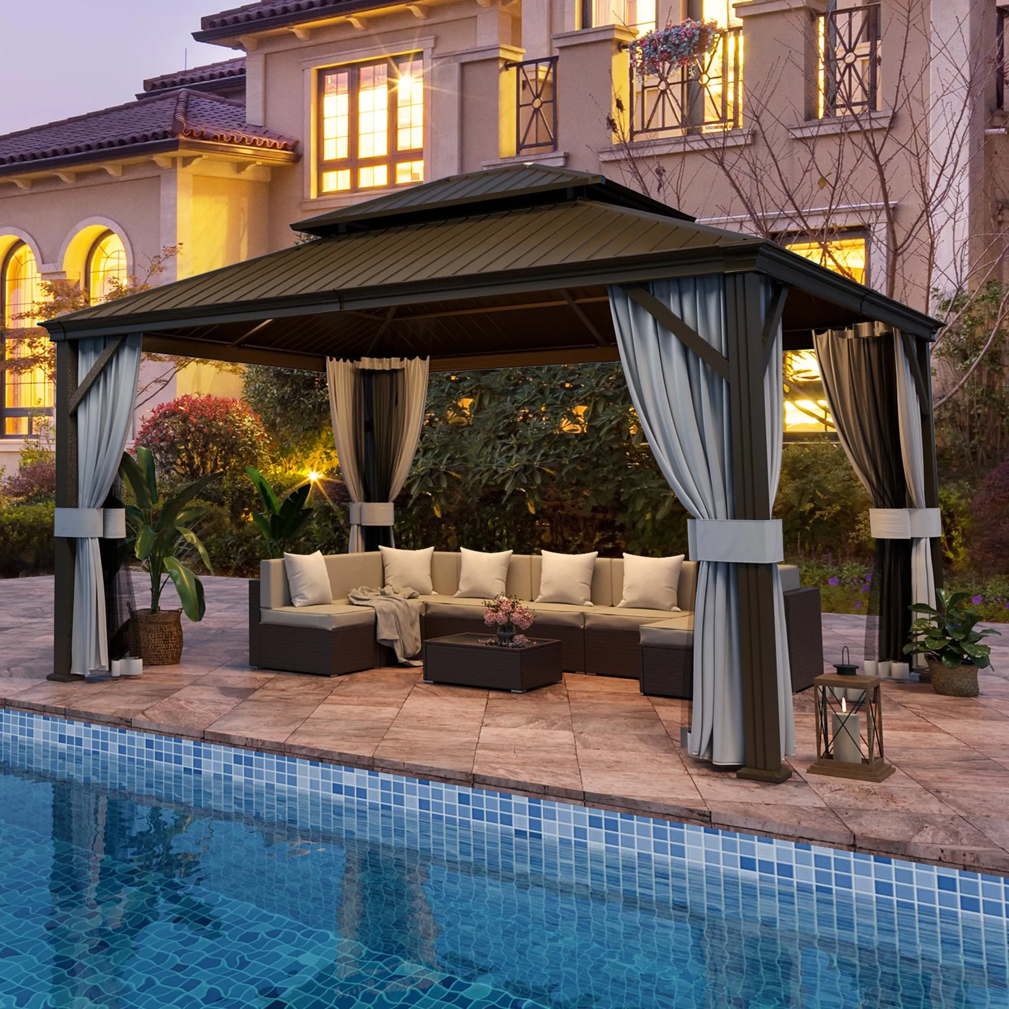 PAMAPIC 12'x14' Hardtop Gazebo, Double Roof Canopy with Netting and Curtains,2-Tier Hardtop Gazebo with Galvanized Iron Aluminum Frame, GardenTent for Backyard, Parties, Garden, Brown