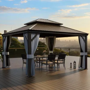 PAMAPIC 12'x14' Hardtop Gazebo, Double Roof Canopy with Netting and Curtains,2-Tier Hardtop Gazebo with Galvanized Iron Aluminum Frame, GardenTent for Backyard, Parties, Garden, Brown