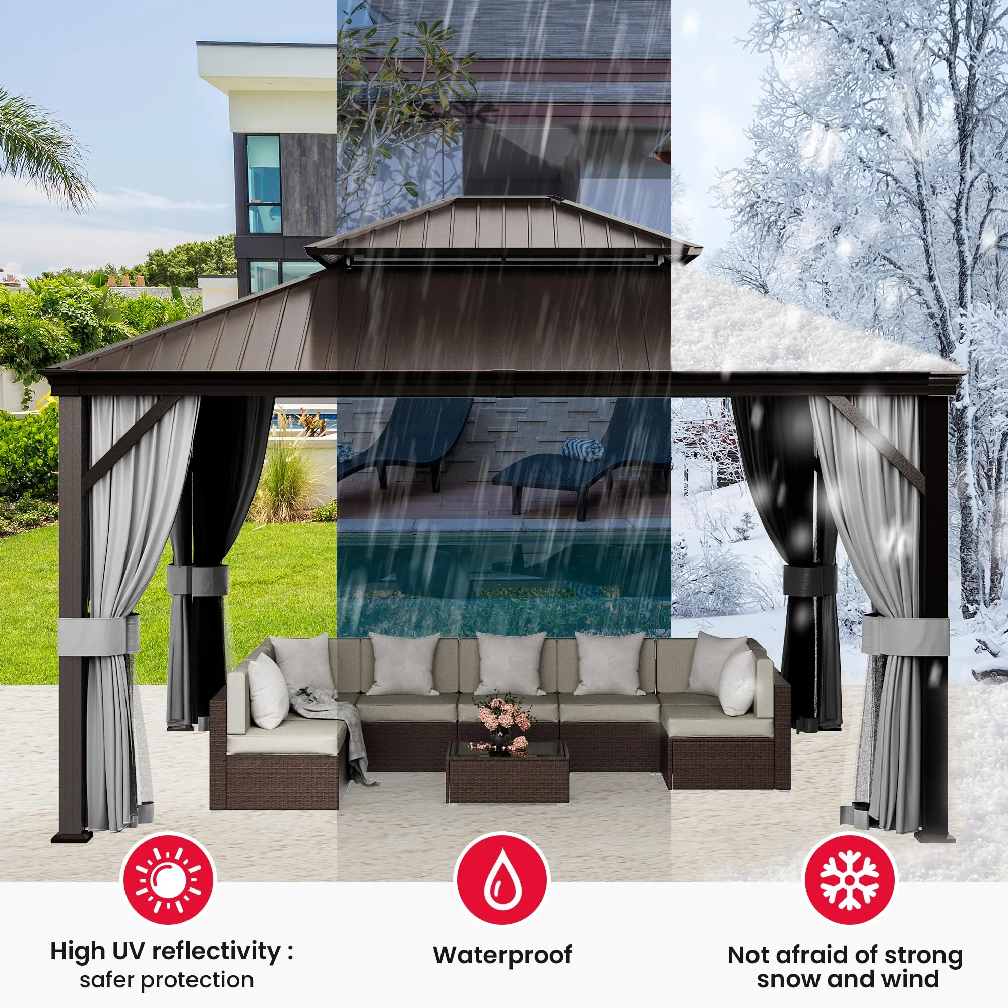 PAMAPIC 12'x14' Hardtop Gazebo, Double Roof Canopy with Netting and Curtains,2-Tier Hardtop Gazebo with Galvanized Iron Aluminum Frame, GardenTent for Backyard, Parties, Garden, Brown
