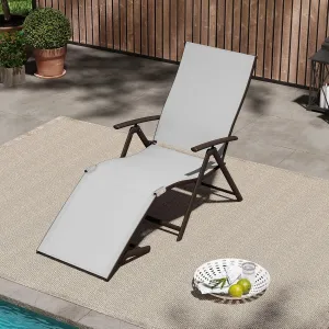 Patio Chaise Lounge Outdoor Adjustable Folding Lounge Chair Recliner with 8 Adjustable Backrest Positions for Pool Beach Yard, Light Grey Textliene & Brown Aluminum Frame