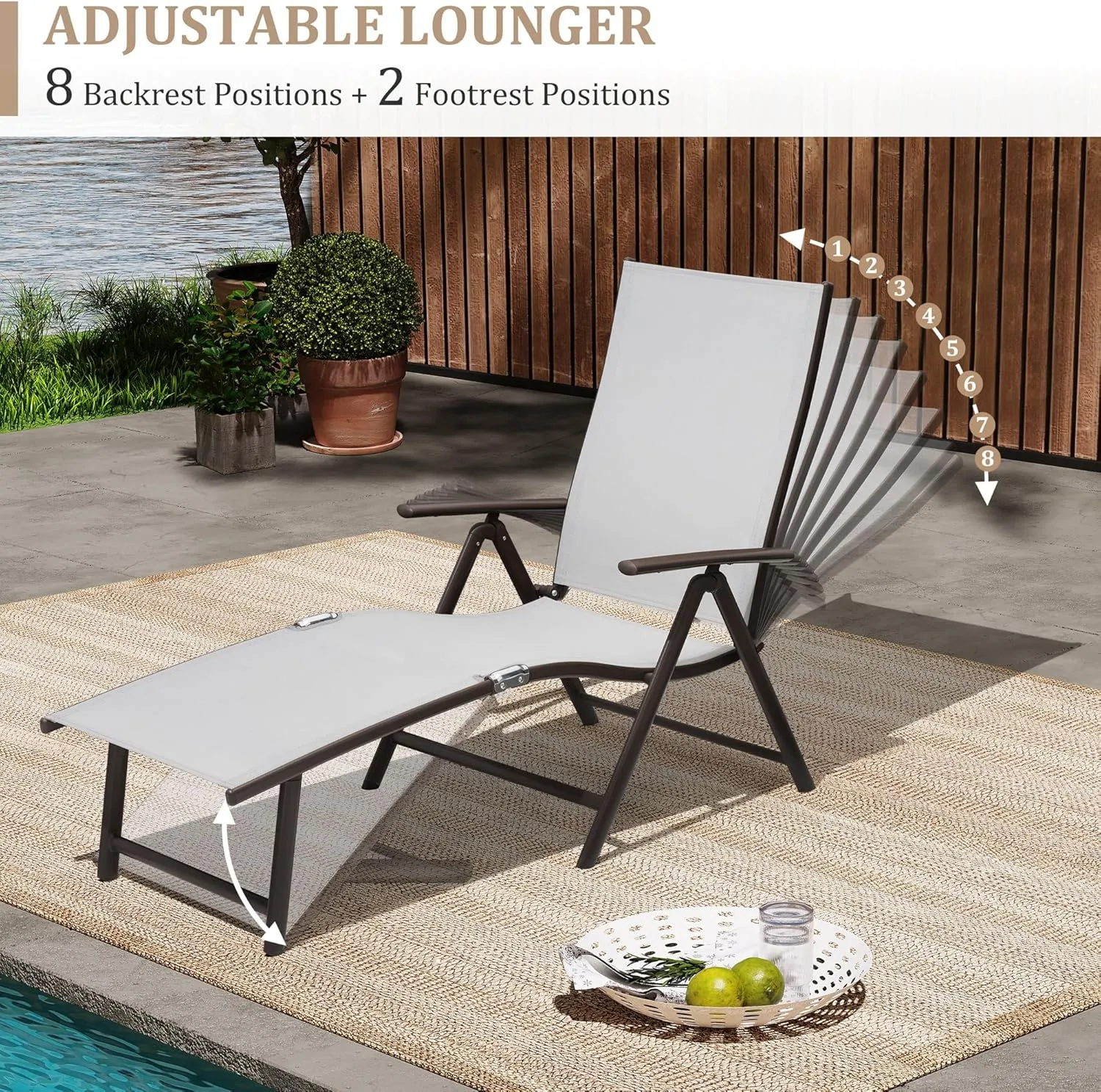 Patio Chaise Lounge Outdoor Adjustable Folding Lounge Chair Recliner with 8 Adjustable Backrest Positions for Pool Beach Yard, Light Grey Textliene & Brown Aluminum Frame