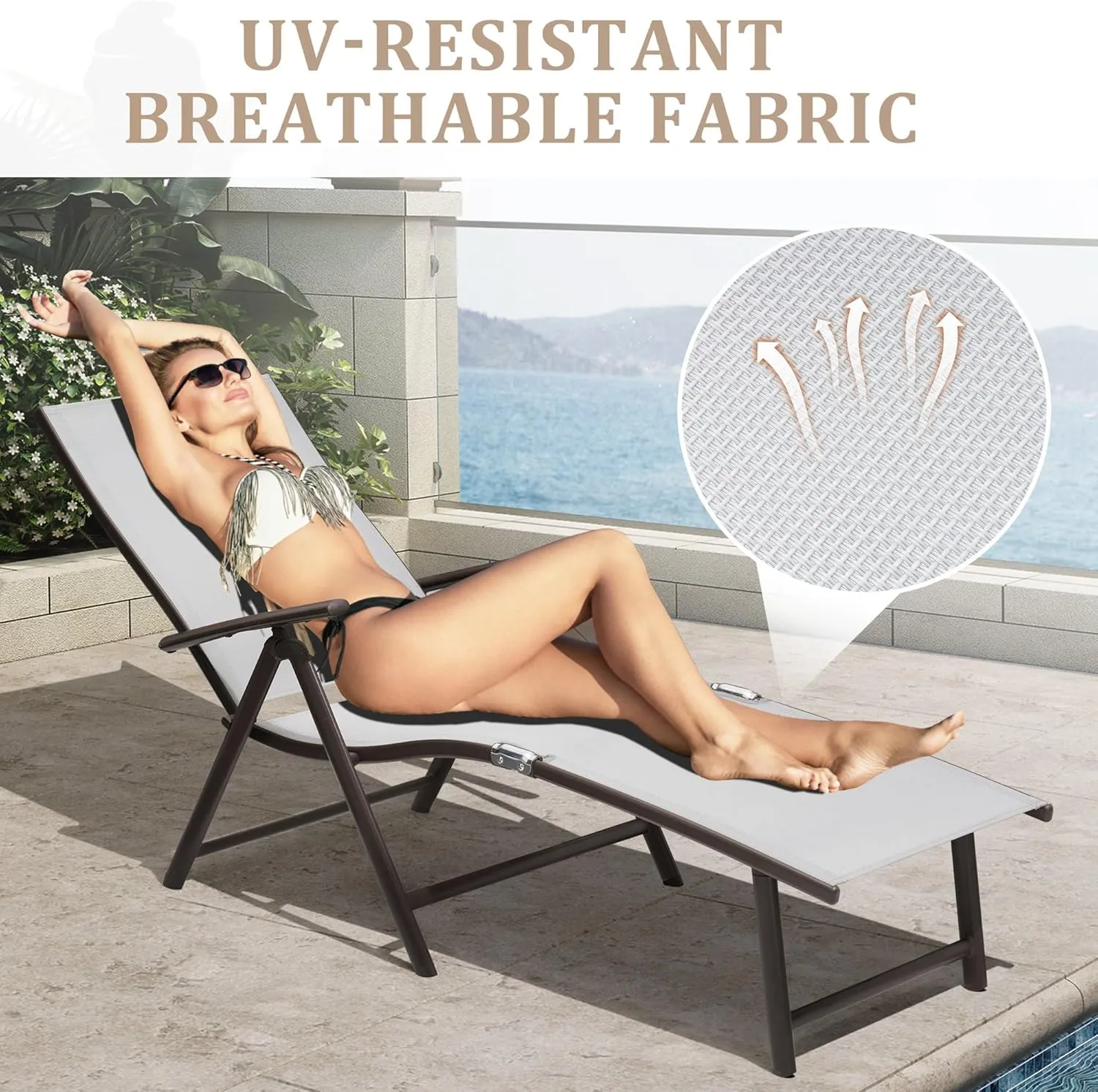 Patio Chaise Lounge Outdoor Adjustable Folding Lounge Chair Recliner with 8 Adjustable Backrest Positions for Pool Beach Yard, Light Grey Textliene & Brown Aluminum Frame