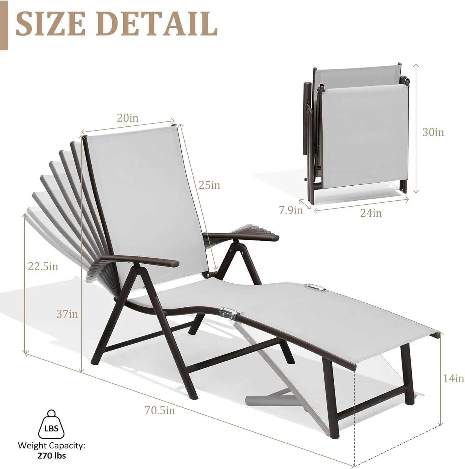 Patio Chaise Lounge Outdoor Adjustable Folding Lounge Chair Recliner with 8 Adjustable Backrest Positions for Pool Beach Yard, Light Grey Textliene & Brown Aluminum Frame