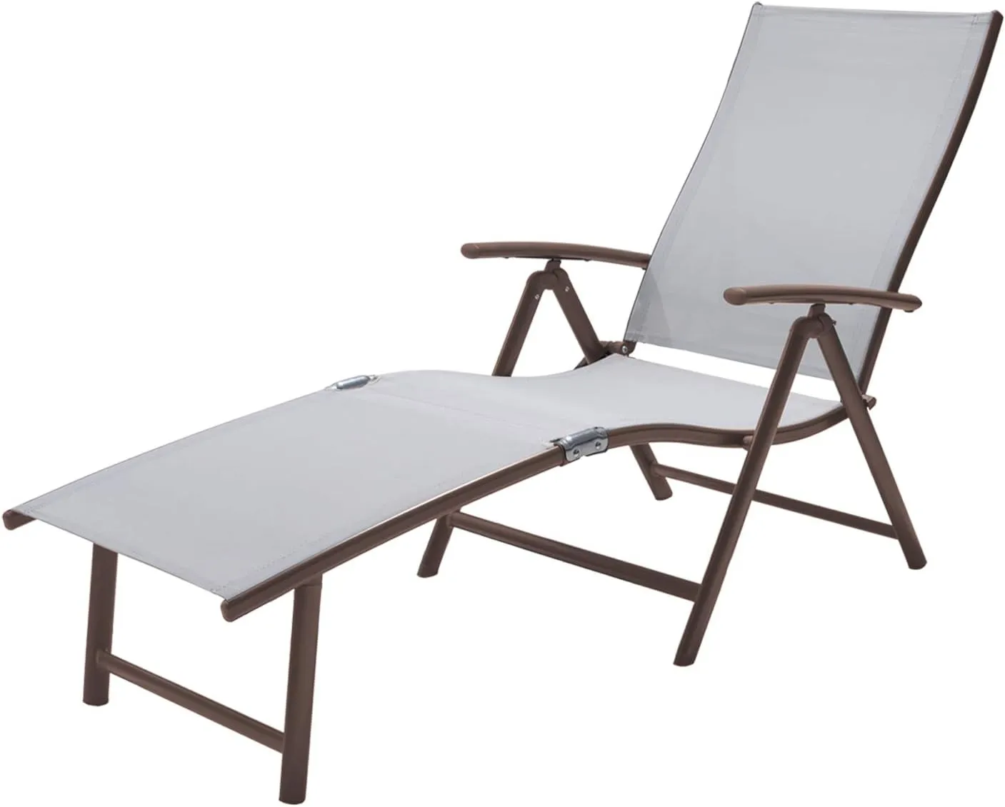 Patio Chaise Lounge Outdoor Adjustable Folding Lounge Chair Recliner with 8 Adjustable Backrest Positions for Pool Beach Yard, Light Grey Textliene & Brown Aluminum Frame