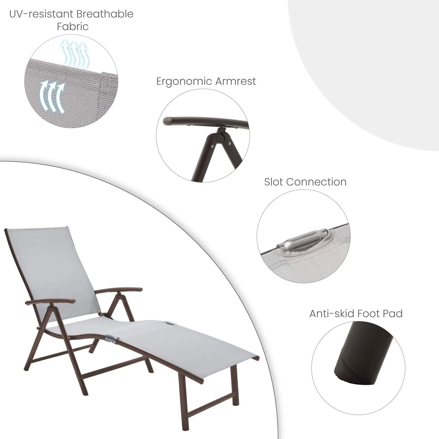 Patio Chaise Lounge Outdoor Adjustable Folding Lounge Chair Recliner with 8 Adjustable Backrest Positions for Pool Beach Yard, Light Grey Textliene & Brown Aluminum Frame
