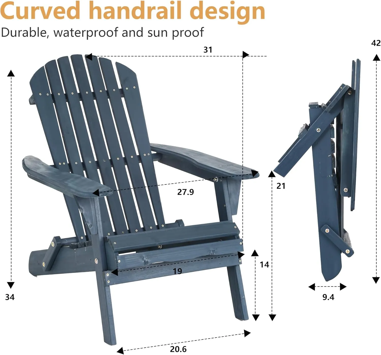 PayLessHere Sturdy Adirondack Chair All Weather Fire Pit Lounge Chair Easy Assemble Folding Outdoor Chair for Paito Balcony Lawn Garden Beach, Navy Color