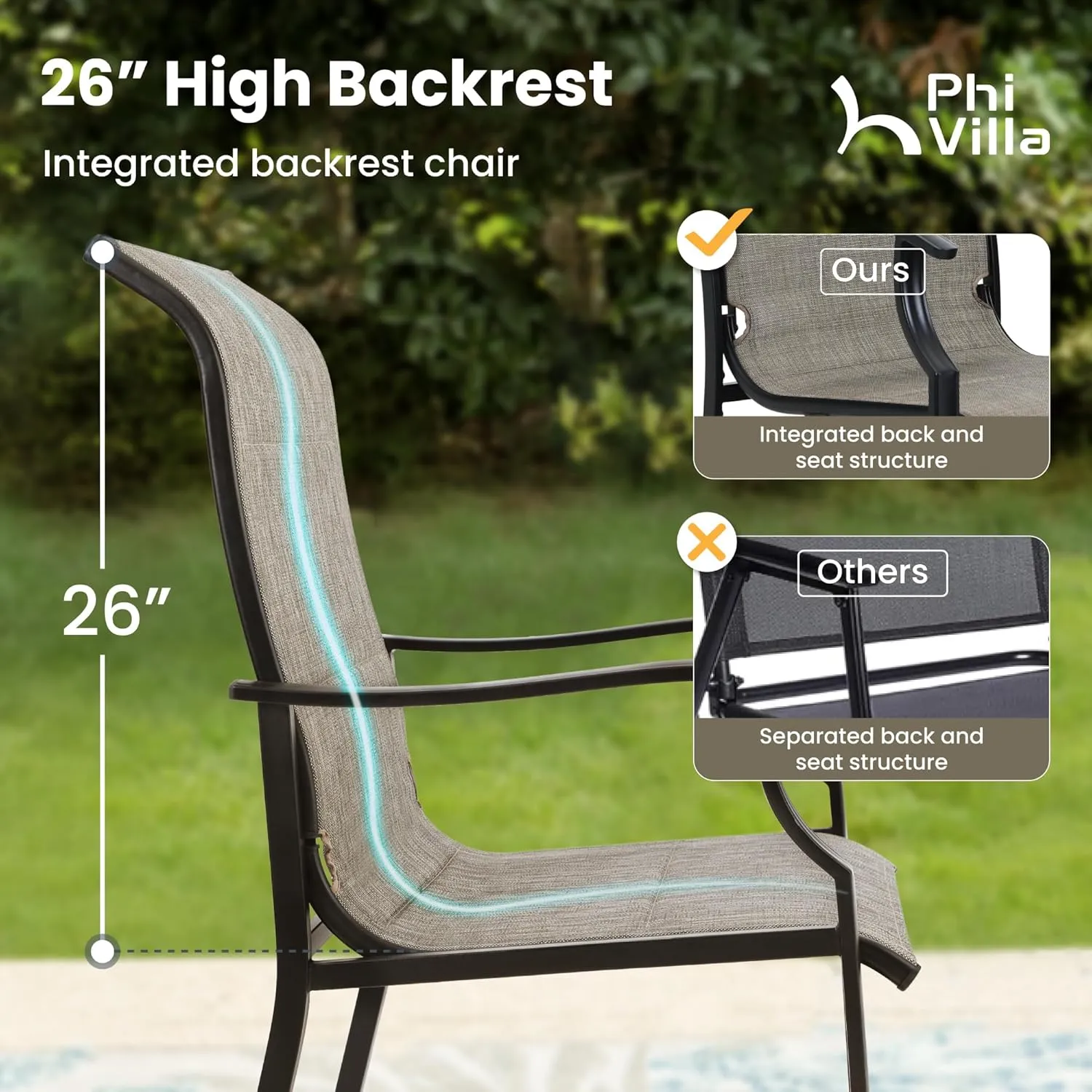 PHI VILLA Outdoor Dining Chairs Set of 2, High Back Textilene Fabric Padded Armchairs with E-Coated Steel Frame for Patio, Porch, Deck, Yard