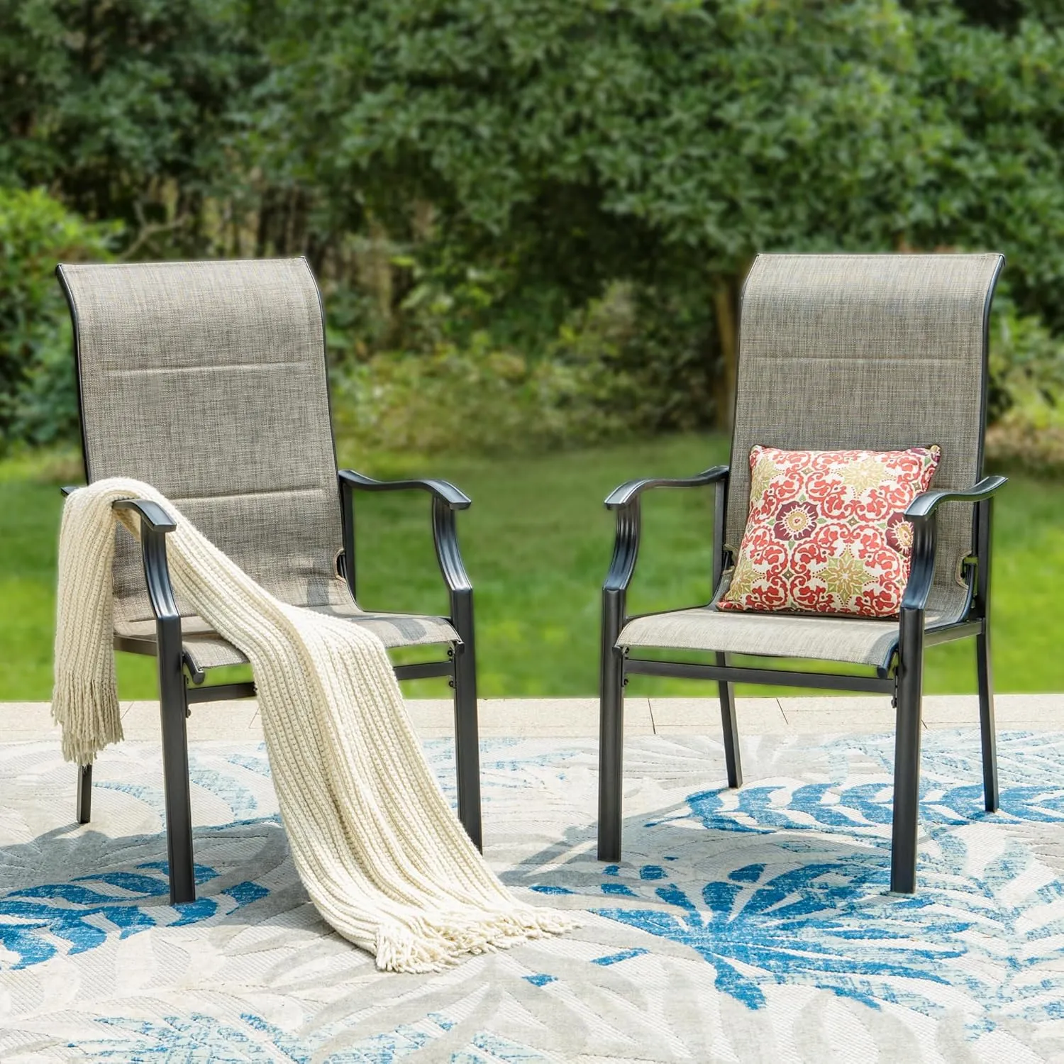 PHI VILLA Outdoor Dining Chairs Set of 2, High Back Textilene Fabric Padded Armchairs with E-Coated Steel Frame for Patio, Porch, Deck, Yard