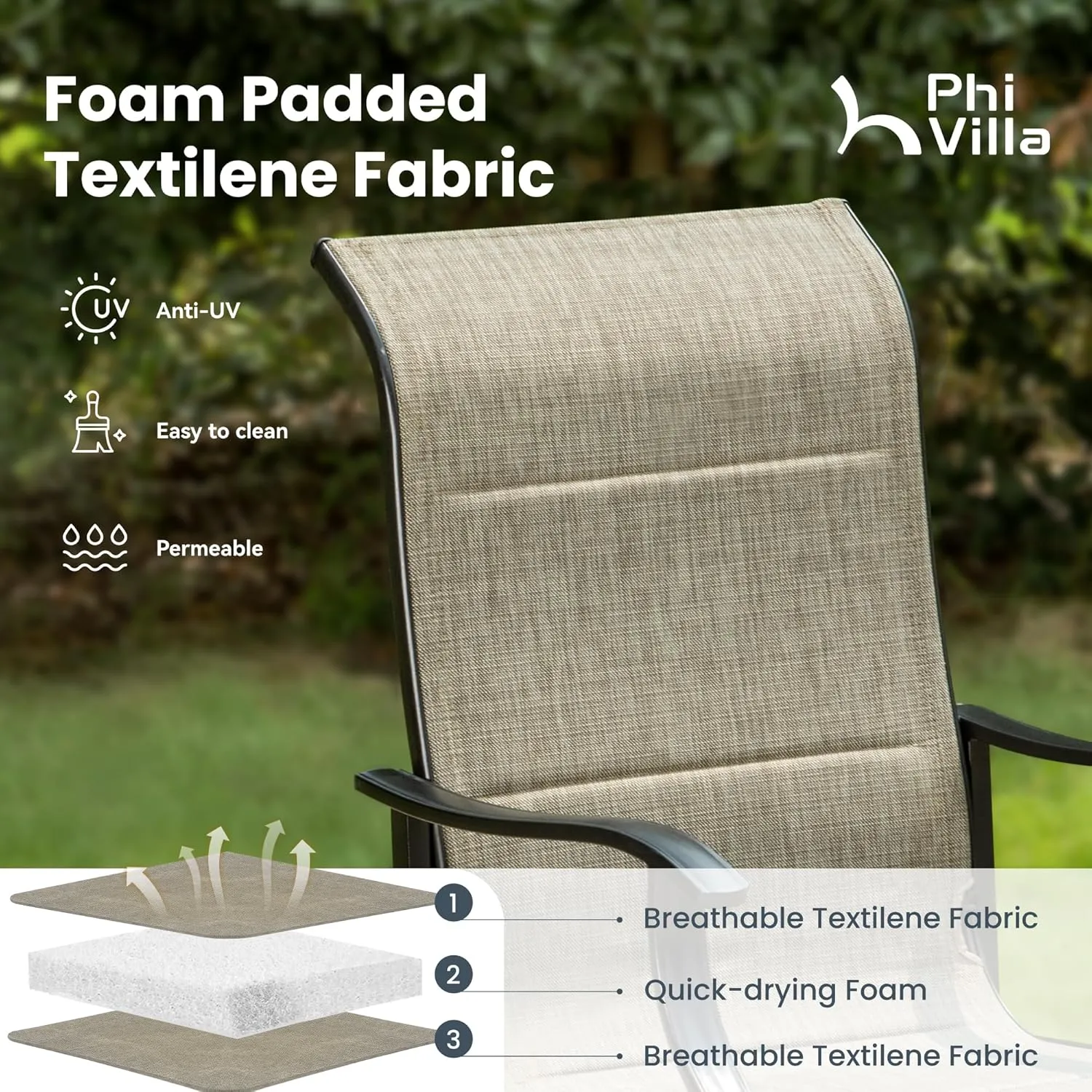 PHI VILLA Outdoor Dining Chairs Set of 2, High Back Textilene Fabric Padded Armchairs with E-Coated Steel Frame for Patio, Porch, Deck, Yard