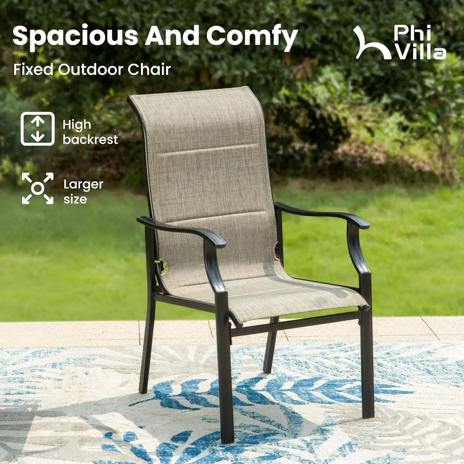 PHI VILLA Outdoor Dining Chairs Set of 2, High Back Textilene Fabric Padded Armchairs with E-Coated Steel Frame for Patio, Porch, Deck, Yard