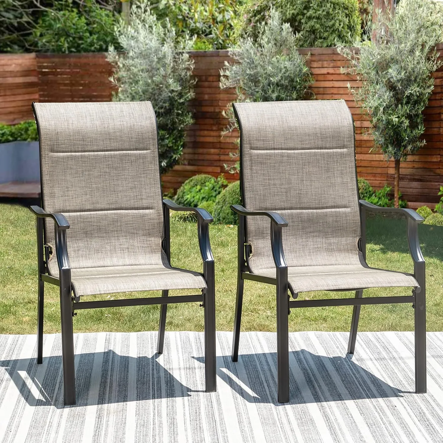 PHI VILLA Outdoor Dining Chairs Set of 2, High Back Textilene Fabric Padded Armchairs with E-Coated Steel Frame for Patio, Porch, Deck, Yard