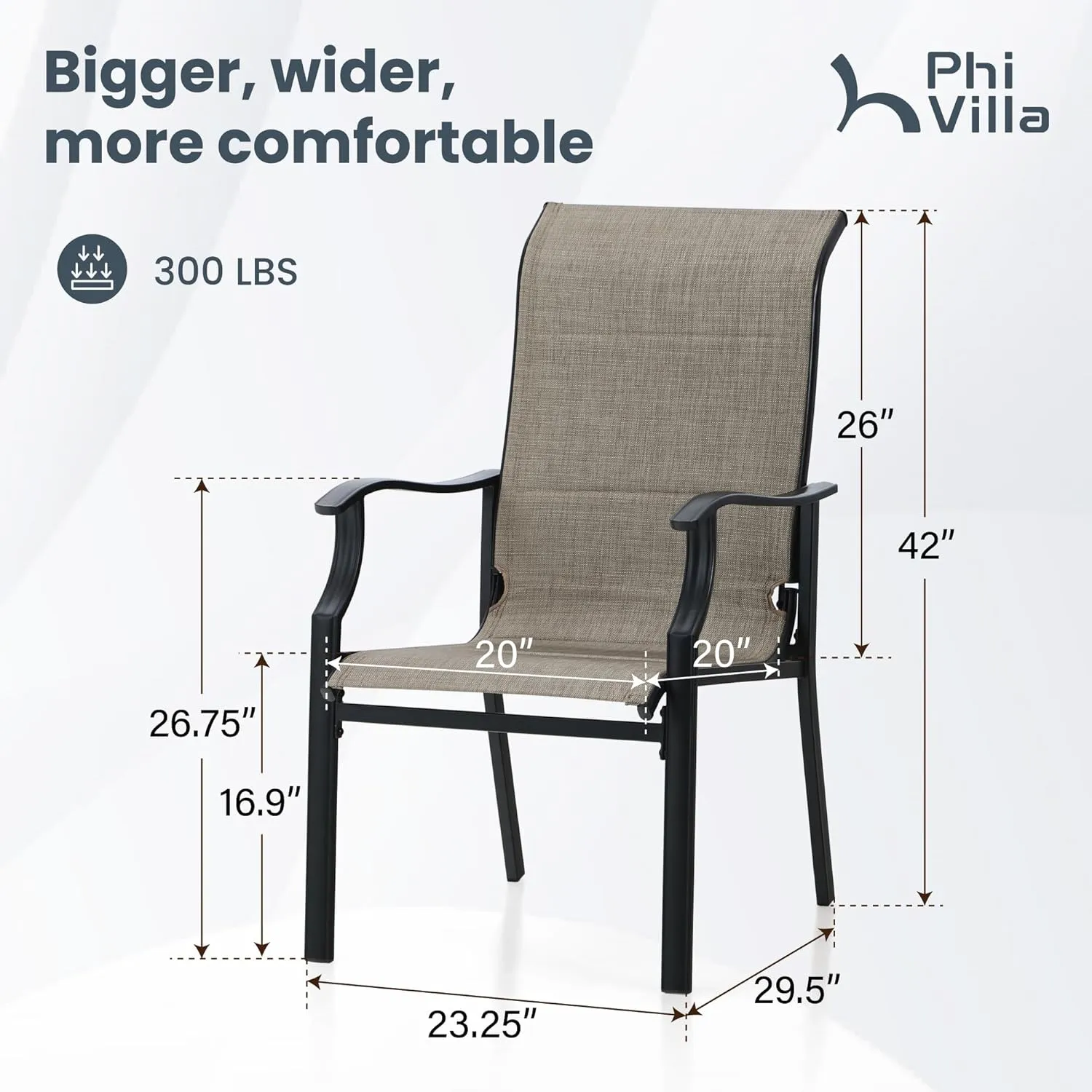 PHI VILLA Outdoor Dining Chairs Set of 2, High Back Textilene Fabric Padded Armchairs with E-Coated Steel Frame for Patio, Porch, Deck, Yard
