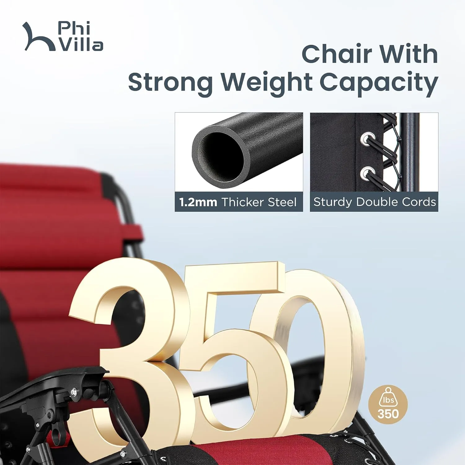 PHI VILLA Oversized Padded Zero Gravity Lounge Chair Folding Patio Recliner with Adjustable Headrest & Cup Holder, Support 350 LBS (Red)