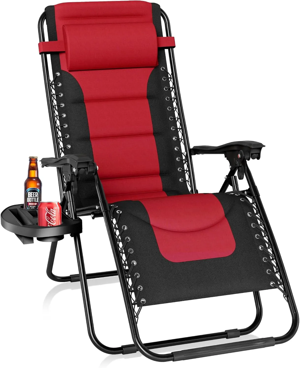 PHI VILLA Oversized Padded Zero Gravity Lounge Chair Folding Patio Recliner with Adjustable Headrest & Cup Holder, Support 350 LBS (Red)