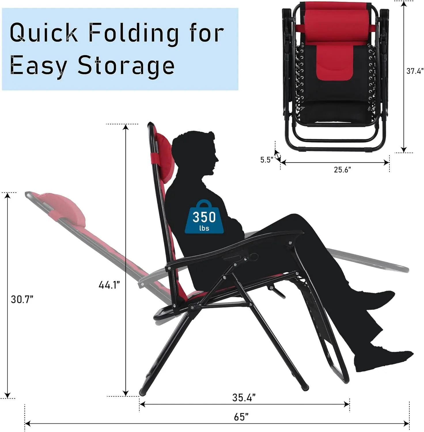 PHI VILLA Oversized Padded Zero Gravity Lounge Chair Folding Patio Recliner with Adjustable Headrest & Cup Holder, Support 350 LBS (Red)
