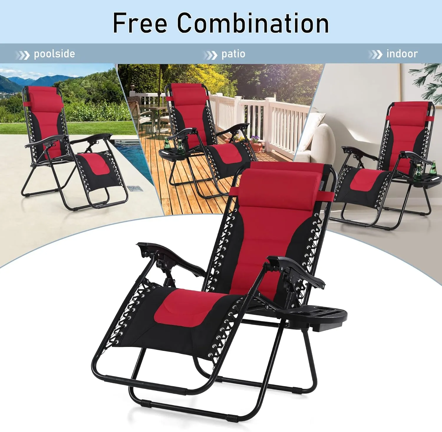 PHI VILLA Oversized Padded Zero Gravity Lounge Chair Folding Patio Recliner with Adjustable Headrest & Cup Holder, Support 350 LBS (Red)
