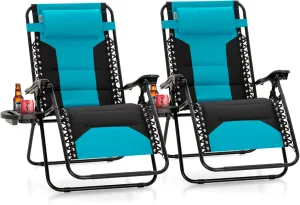 PHI VILLA XXL Oversized Padded Zero Gravity Chair, Foldable Patio Recliner, 28" Wide Seat Anti Gravity Lounger with Cup Holder, Set of 2, Support 400 LBS (Aqua)