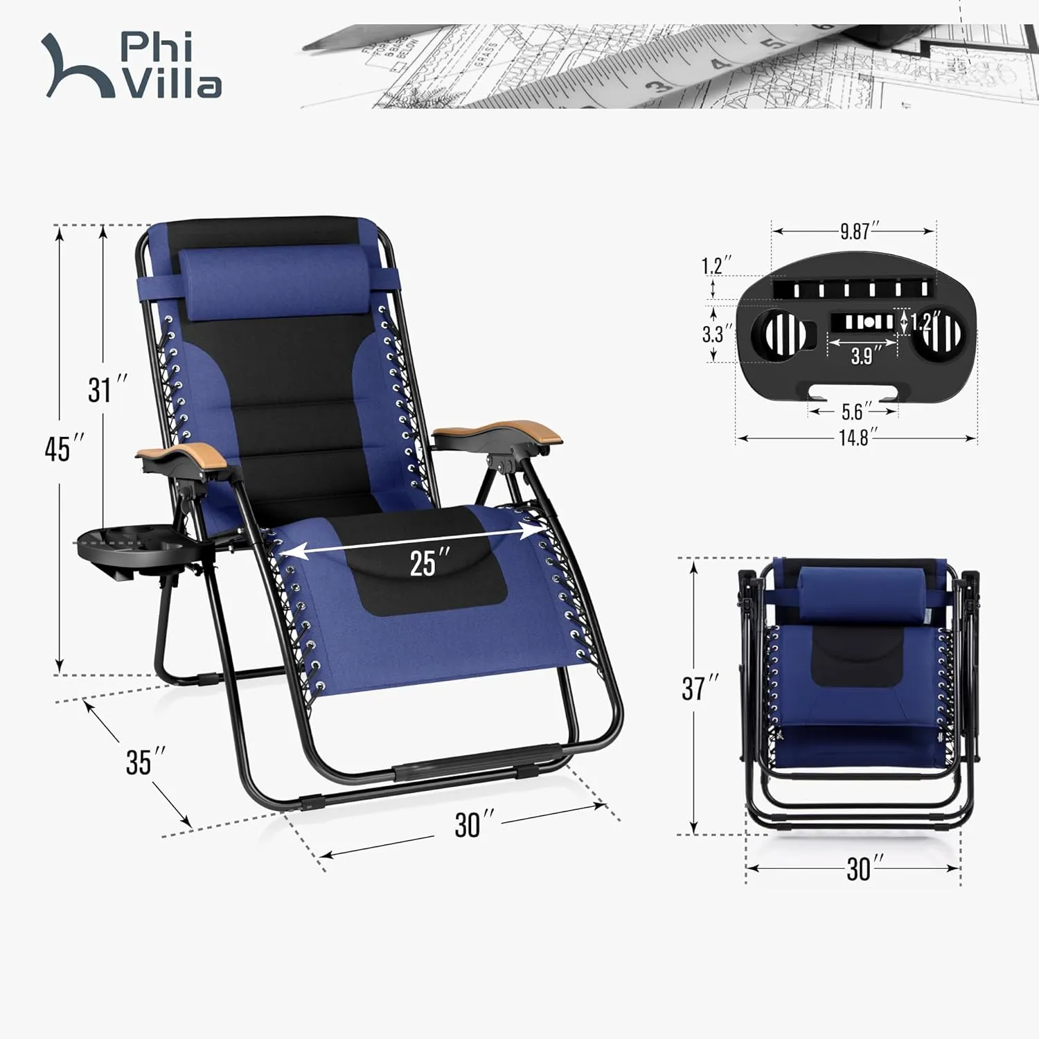 PHI VILLA XXL Oversized Padded Zero Gravity Chair, Foldable Patio Recliner, 30" Wide Seat Anti Gravity Lounger with Cup Holder, Set of 2, Support 400 LBS (Navy Blue)
