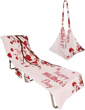 Pink Red Love Tree Beach Pool Patio Lounge Chaise Chair Cover Towel With Pockets, Absorbent & Quick Dry Microfiber Towel Cover Bag Summer Travel Accessories for Sunbathing Spring Happy Mother's Day