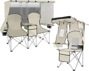 PLKO Portable Camping Chair Set,Double Camping Chair with Canopy Shade,Heavy Duty Beach Chairs for Adults,Folding Beach Chair with Cooler Bag for Sports Backyard Fishing Outside（White）