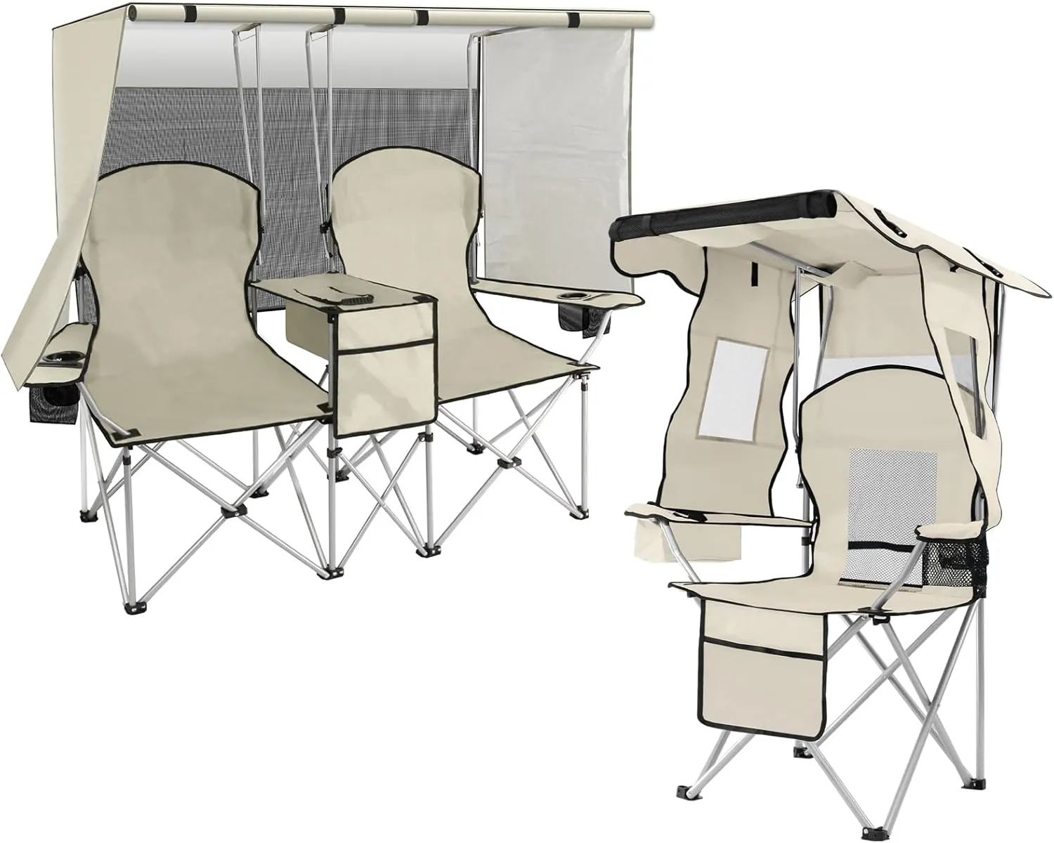 PLKO Portable Camping Chair Set,Double Camping Chair with Canopy Shade,Heavy Duty Beach Chairs for Adults,Folding Beach Chair with Cooler Bag for Sports Backyard Fishing Outside（White）