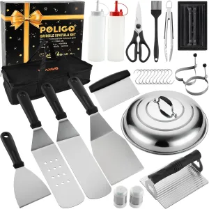 POLIGO 28PCS Griddle Accessories Kit, Flat Top Grill Accessories Set for Camp Chef, Grill Spatula Set with Enlarged Spatulas, Basting Cover, Scraper for Cooking Indoor or Outdoor Barbecue