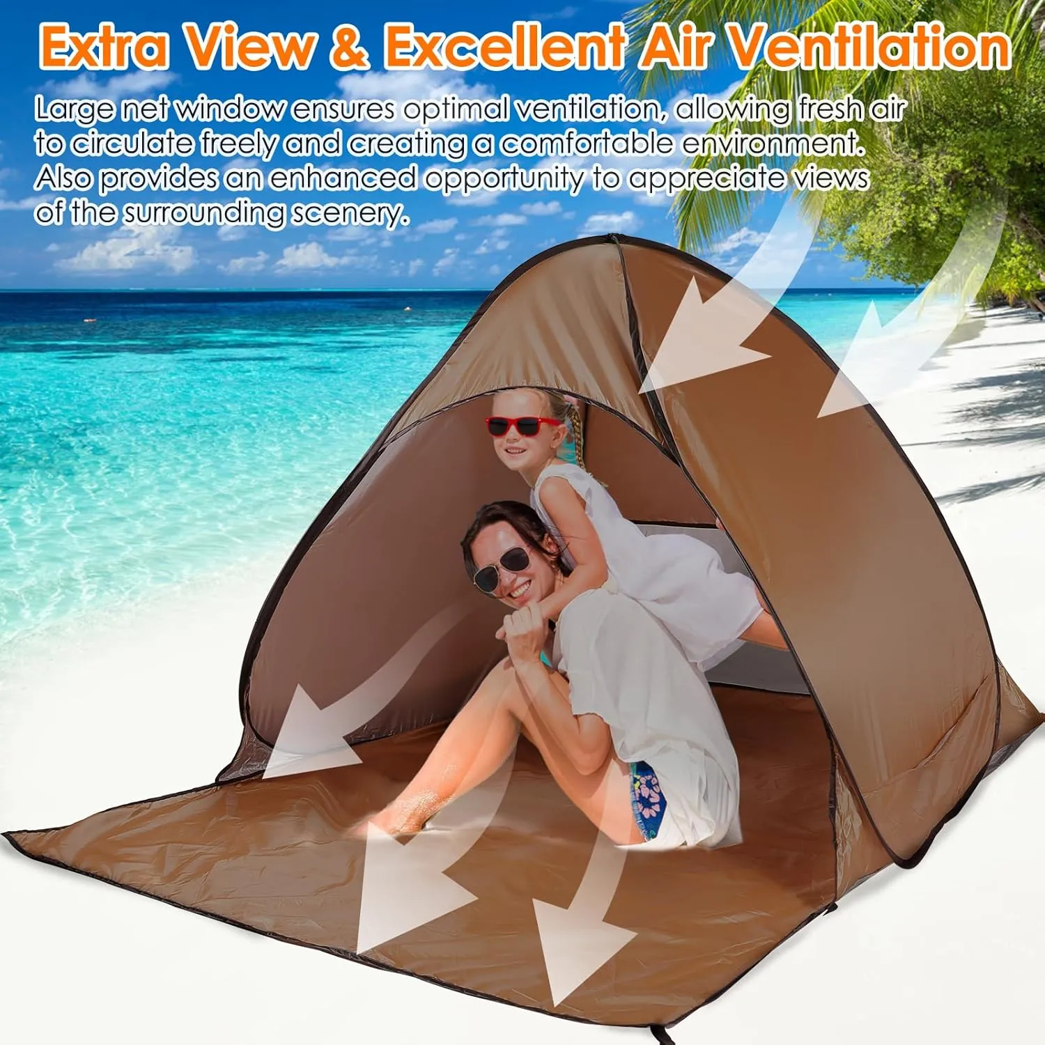 Pop Up Beach Tent, Anti UV Automatic Sun Shelter Umbrella, Portable Sun Shade Shelter for 2-3 People, Outdoor Instant Pop Up Beach Shade Tent with Carrying Bag, Brown