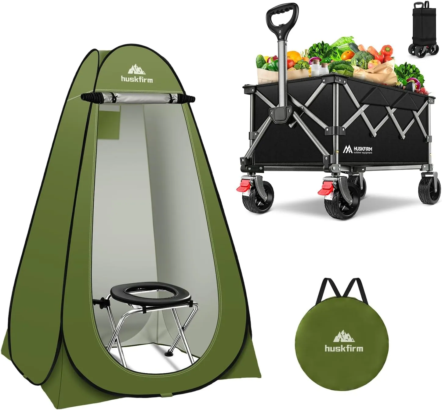 Portable Adult Camping Toilet Kit with Tent & Wagon Cart, 1 Person, 400 lbs Capacity, 4 Season, Green, Water Repellent, 13 lbs, 47.2" L x 47.2" W x 74.8" H, Camping & Hiking