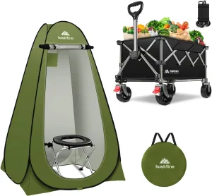 Portable Adult Camping Toilet Kit with Tent & Wagon Cart, 1 Person, 400 lbs Capacity, 4 Season, Green, Water Repellent, 13 lbs, 47.2" L x 47.2" W x 74.8" H, Camping & Hiking