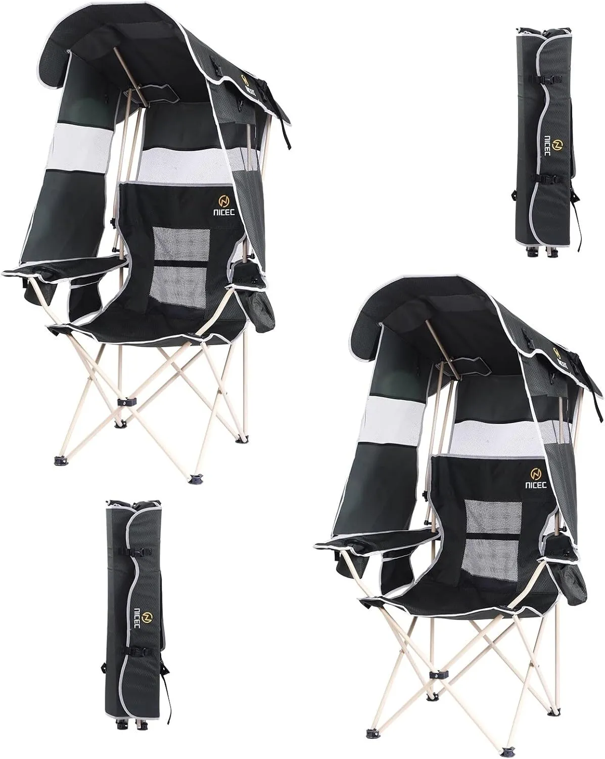 Portable Camping Chair with Breathable Mesh Fabric, Detachable Shade Canopy, Side Pocket & Cup Holder for Outdoor Adventures 2-Pack