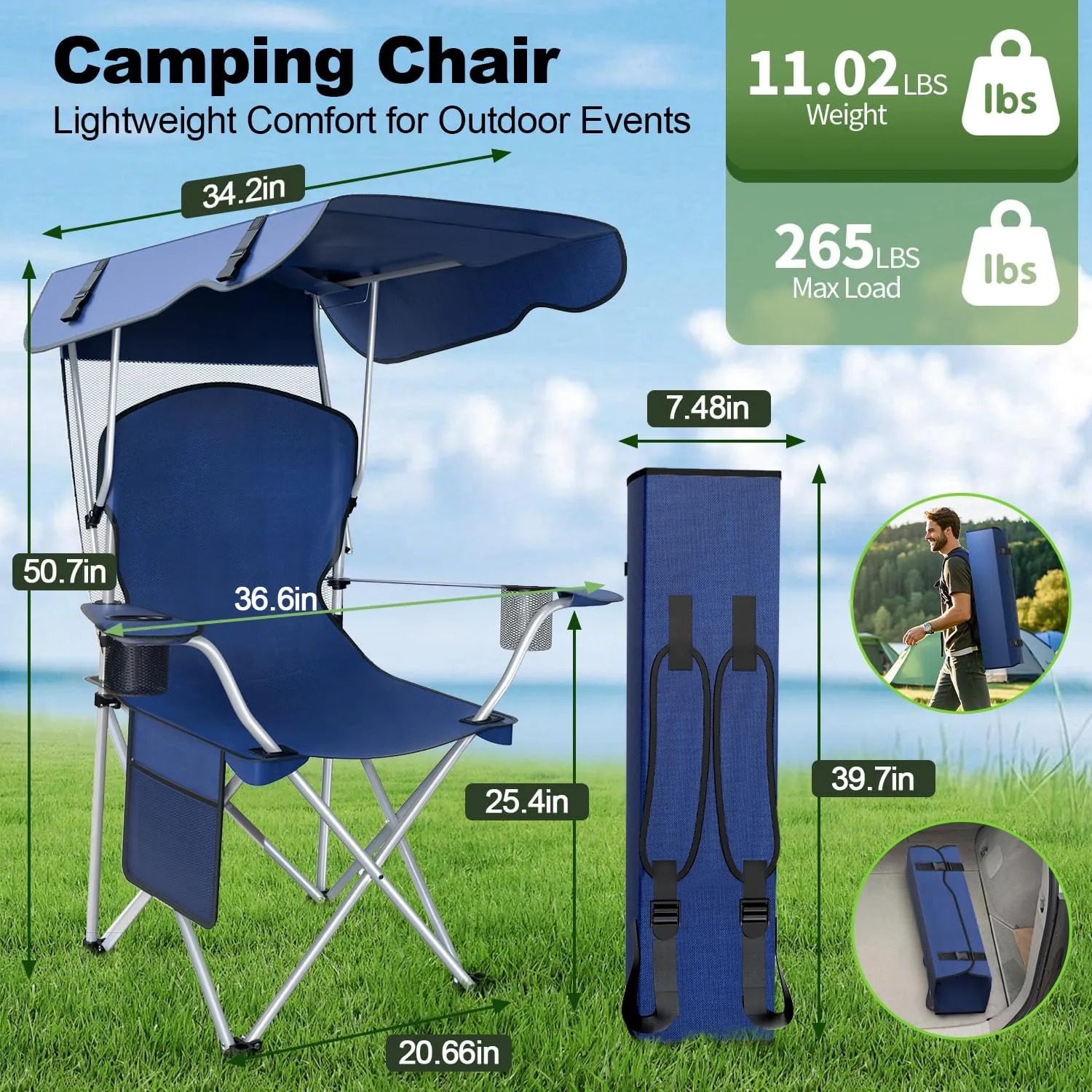 Portable Camping Chair with Canopy - Folding Chair with Canopy, Durable 600D Oxford Canopy Chair for Camping, Beach, Picnics, Fishing & Sports